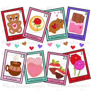 Op de afbeelding: Een set van 10 kleurrijke Loteria-kaarten met illustraties van verschillende Mexicaanse culturele iconen. De kaarten zijn genummerd van 1 tot 22 en bevatten afbeeldingen zoals een teddybeer, een marsepein koekje, een chocolade reep, een kopje koffie, een concha brood, aardbeien en rozen. De kaarten zijn perfect om het traditionele Mexicaanse spel Loteria te spelen.