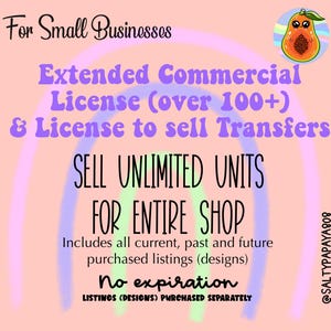 Licencia comercial extendida, transferencia de licencia para toda la tienda, impresión de diseños digitales, venta de productos físicos, licencia por volumen.