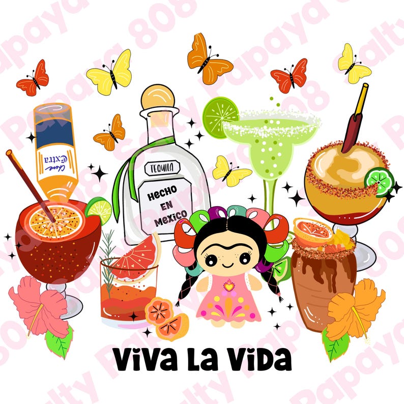 Frida, mexikanische Puppe, Margarita, Paloma, Tequila Cocktail, Schmetterlinge, Michelada PNG, Boracha, digital herunterladbare Datei, trendiges T-Shirt Bild 1