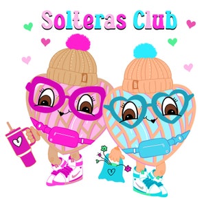 May include: Two cartoon hearts wearing hats, glasses, and fanny packs. The heart on the left is pink and has a pink fanny pack. The heart on the right is blue and has a blue fanny pack. The text "Solteras Club" is above the hearts.