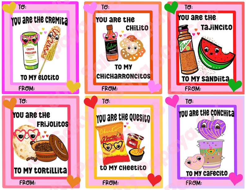 Valentine’s Day cards, PNG file, Mexican cards, hot Cheetos, conchas, Cafecito, Elote,Printable Art work, downloadable pdf, JPEG file image 1