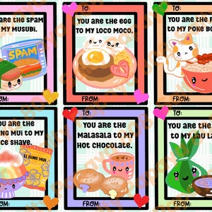 May include: Six colorful greeting cards with food-themed puns. Each card features a different Hawaiian dish and a cute illustration. The text on the cards reads: "You are the spam to my musubi," and other similar phrases.