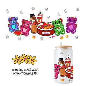 Gummy bears Chamoy candy snacks PNG, Mexican png, Chamoy, glass wrap, cute glass wrap, sublimation file, downloadable, Handdrawn, 16oz