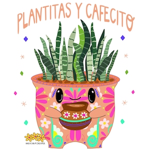 May include: A cartoon illustration of a potted plant with a smiling face. The pot is decorated with colorful flowers and swirls. The plant is labeled "Plantitas y Cafecito".