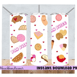 May include: Three white tumblers with pink hearts and images of various Mexican pastries. The tumblers have the text "Pan Dulce" and "Pan Dulce" on them.