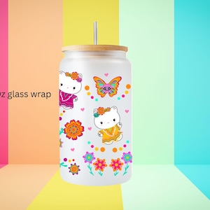 Mexican kitty, Glass wrap PNG, kawaii kitty, Mexican cup wrap, Digital, latinx design, 16 oz, sublimation, Hispanic, culture,  Folklorico