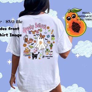 May include: White t-shirt featuring a Halloween design with a ghost, cat, and other spooky illustrations. The text on the shirt says "Spooky Señora Club" and "Vector / SVG file Includes front of Tshirt Image".