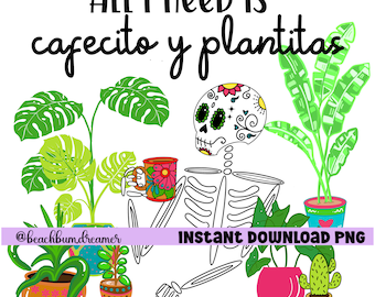 Cafecito y plantitas PNG, coffee and plants, skull png, day of the dead, sublimation digital downloadable file