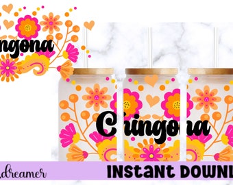 Chingona with flowers, glass wrap, Mexican design,  PNG, sublimation file, downloadable, Handdrawn