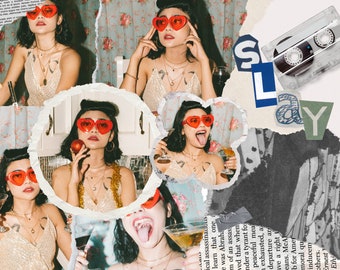 Op de afbeelding: Een collage van afbeeldingen met een vrouw die een hartvormige zonnebril draagt, een glinsterend topje en verschillende kettingen. De collage bevat een cassettebandje en het woord "SLAY" in vetgedrukte letters.
