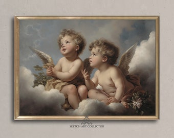 2 Cherubs Art Print - Cupid prints - Religious Home Decor Angels Illustration - Baroque art - Digital Download - Instant Printable - B-40