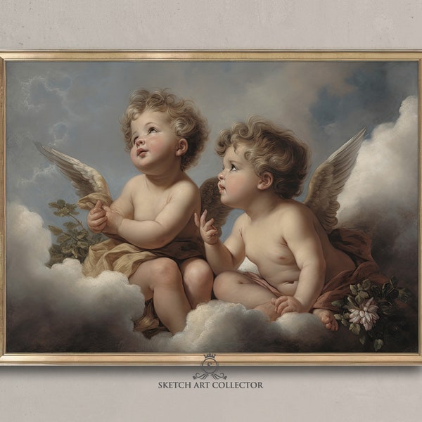 2 Cherubs Art Print - Cupid prints - Religious Home Decor Angels Illustration - Baroque art - Digital Download - Instant Printable - B-40