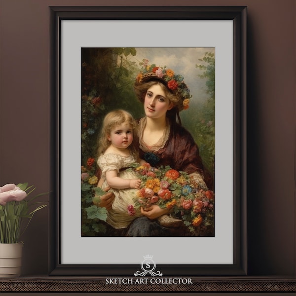 Vintage oil Painting portrait print - Mother with a child - Renaissance art prints - Antique art print - Digital Wall art prints - P-2