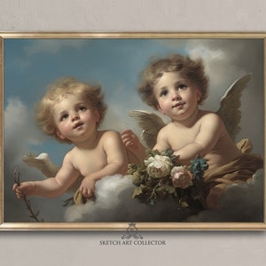 2 Angels Print - Cupid prints - Antique Cherub paintings - Baroque art - Digital Download - Instant Printable - B-43