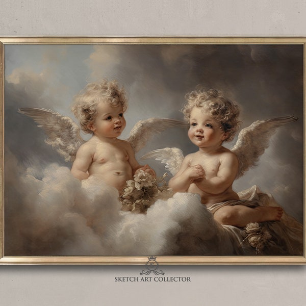 2 Angels Print - Cupid prints - Religious Home Decor Cherub paintings - Baroque art - Digital Download - Instant Printable - B-41