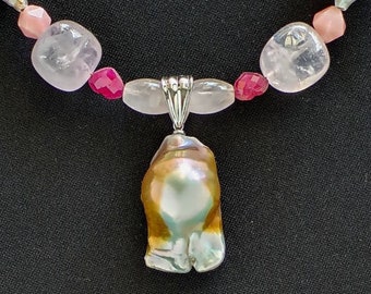 Rare, Stunning Baroque Pearl with extra large single pearl pendant bead and Rose Quartz