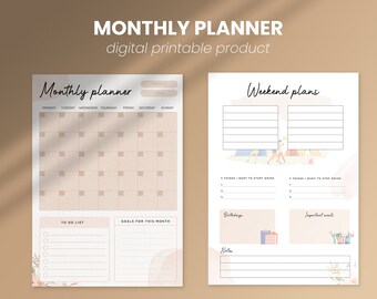 Monthly Planner, Selfcare Journal, Printable, Work Day Schedule - A4, A5
