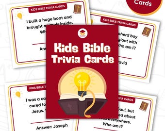 Puede incluir: Un conjunto de tarjetas de trivia bíblica para niños con una cubierta roja que muestra una bombilla sobre un libro abierto. Las tarjetas blancas tienen preguntas y respuestas. El texto "Printable Cards" está en la parte superior.
