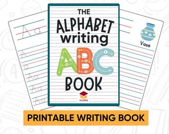 May include: Printable alphabet writing book with a colourful ABC on the cover. The book has lined pages for practising writing letters and a picture of a vase.