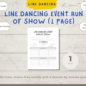 Può includere: Un documento stampabile e compilabile per lo svolgimento di un evento di ballo di linea. Il documento è compatibile con l'inchiostro in bianco e nero e include una timeline e spazio per i blocchi di scaletta. Il documento è di una pagina ed è in formato A4 e US Letter.