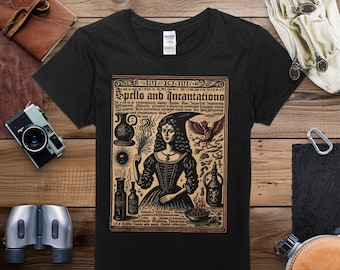 Hechizos y encantamientos Vintage Witchcraft 1720 Woodcut camiseta, camisa de brujería
