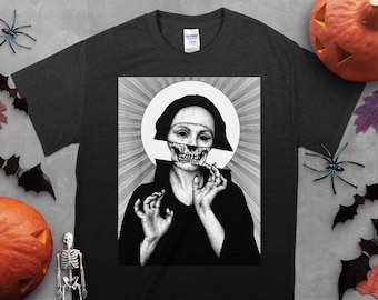Skull Nun Unisex T-Shirt, Occult Gothic Dark Satanic Unholy Witchcraft Emo Goth Girl Shirt, Idea Halloween Gift Shirt, Day Of Death T-Shirt
