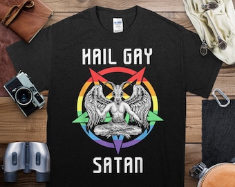 Funny Hail Gay Satan LGBT Goth Gay Pride Baphomet T-Shirt, lgbtq punk emo goth pentagram occult, funny hail gay satan design tee