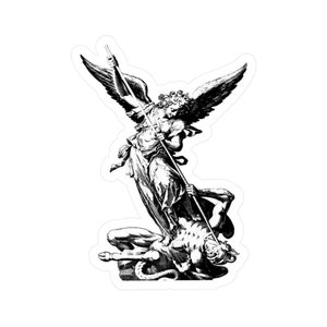 May include: A black and white illustration of an angel with wings, holding a spear, defeating a demon. The angel is depicted with flowing hair and a long robe, while the demon is shown with horns and a tail.