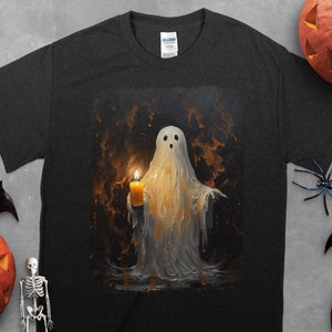 Niedlicher Geist, der Kerze hält lustiges Halloween Gothic Vintage Unisex T-Shirt