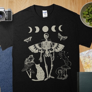 Fairycore Aesthetic Skeleton Skull Butterfly Moon Phase Goth T-Shirt, creepy grunge fairycore clothes, cool goth shirt, fairy grunge shirt