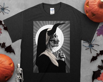 Skull Nun Pray Unisex T-Shirt, Occult Gothic Dark Satanic Unholy Witchcraft Horror Goth Nun T-Shirt, Idea Halloween Gift Shirt, Death Metal