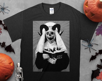 Demon Summoning Nun Unisex T-Shirt, Occult Gothic Dark Satanic Unholy Nun Witchcraft Horror Goth Shirt, Idea Halloween Gift Shirt, Metal Tee