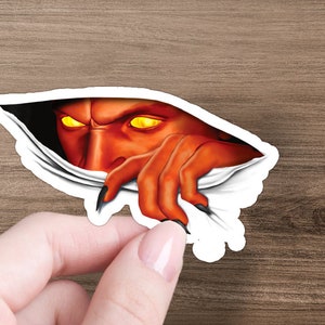 Echar un vistazo a la pegatina del diablo aterrador, pegatina de Satanás de Halloween, pegatina satánica