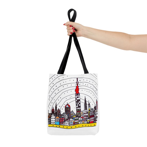 Hundertwasser inspirierte Umhängetasche mit Hamburg Skyline - bedruckt Kunst und Stil für Unisex