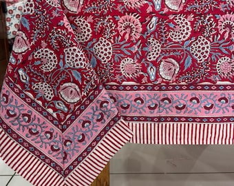 Indian Red Flower Block Print Table Cover Cotton Tablecloth/Runner/Napkins/Placemat Kitchen Diningtable Boho Decor-Housewarming Wedding Gift