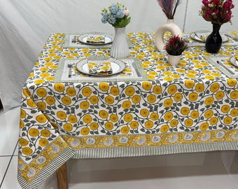 Handcrafted Indian Cotton Table Cover, Floral Block Print Tablecloth, Wedding & Party Decor Napkin/Placemat/Runner/Washable Table Cover Gift