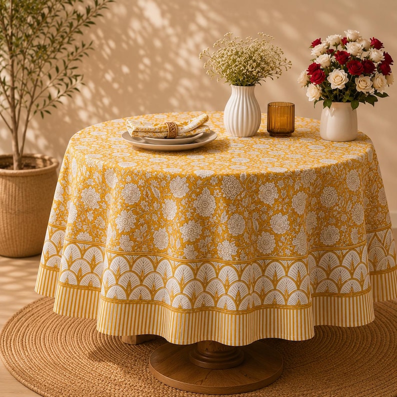 Pu&ograve; includere: Un tavolo rotondo coperto da una tovaglia giallo senape con un motivo floreale bianco e un bordo smerlato. Sul tavolo si trovano un piatto bianco con un tovagliolo piegato, un vaso bianco con piccoli fiori bianchi e un portacandele in vetro.