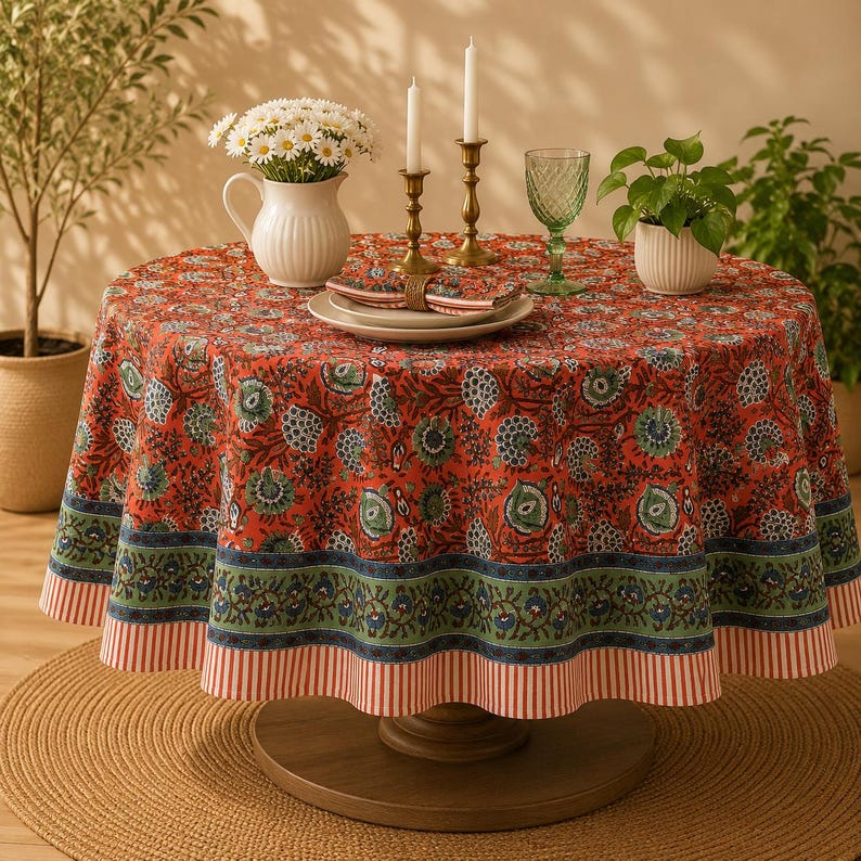 Pu&ograve; includere: Una tovaglia rotonda caratterizzata da una base arancione vivace con un motivo floreale ripetuto nei toni del verde, blu e bianco. Il tessuto presenta un'ampia bordura decorativa con una fascia floreale verde e un bordo a righe rosso e bianco.