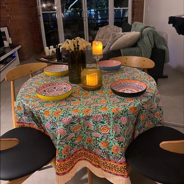 Boho Handmade Vintage Cotton Tablecloth, Square Round or Rectangle Table Cover, Indian Block Printed Cotton Floral Tablecloth
