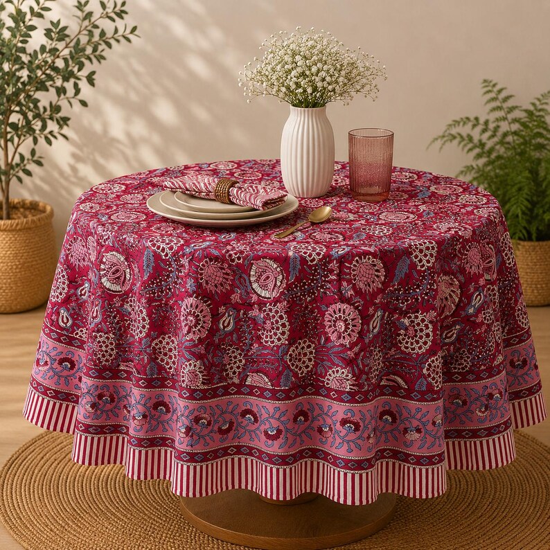 Pu&ograve; includere: Una tovaglia rotonda con una base magenta intenso e un motivo floreale ripetuto in tonalit&agrave; rosa, bianco e blu. Il bordo presenta una distinta fascia floreale rosa e una finitura a righe rosse e bianche su un tavolo circolare.