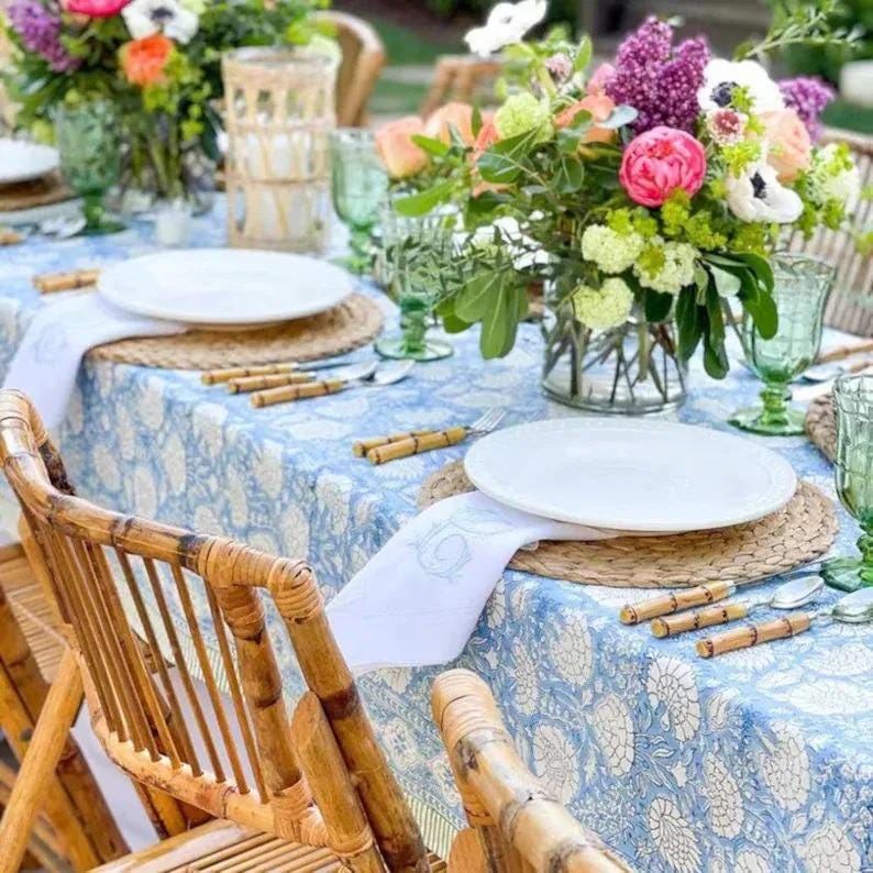 100 % Cotton Blue Floral Block Printed Indian Handmade Boho Wedding Party Square /Round Indoor/outdoor Christmas Party Table top Decor