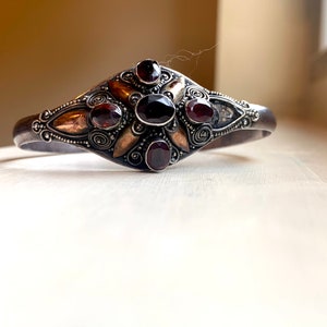 Vintage Garnets & Gold Metal Bracelet 925 Sterling Silver 1960’s Cuff Bracelet Mid Century