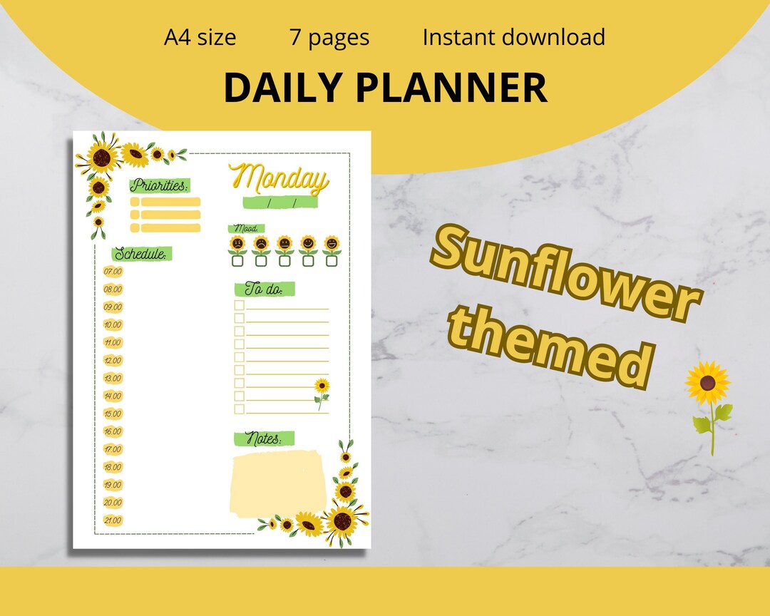 Sunflower Themed Daily Planner Printable Planners A4 Size - Etsy