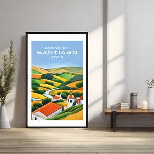 Camino de Santiago, Cartel de Arte Vintage, Ruta de los Peregrinos España, Camino de Santiago, Mochileros España, Ilustración Santiago,
