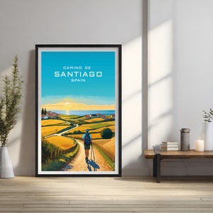 Cartel de arte Camino de Santiago España, mochilero en el camino de Santiago, Peregrinos, Camino de Santiago España