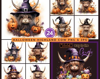 Halloween Highland Cow Witch Hats Watercolor Clipart (PNG JPEG Digital Download)