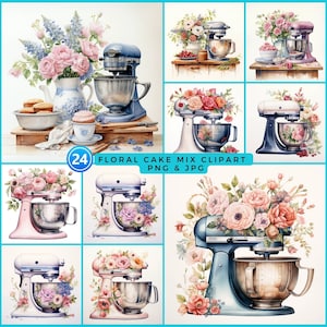 24 ヴィンテージ キッチン ミキサーと花の水彩画バンドル キッチン デジタル ファイル キッチン ミキサー 昇華 ファームハウス 花 クリップアート ケーキ ミキサー