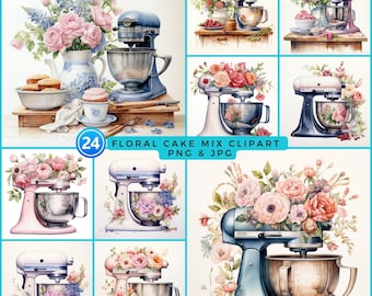 Clipart acquerello di mixer da cucina vintage: pacchetto di mixer per torte floreali (PNG e JPEG)