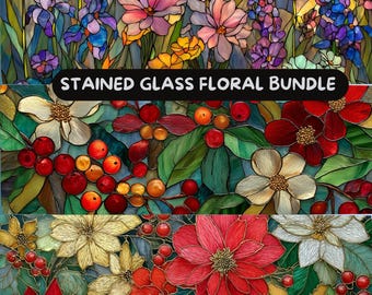 Stained Glass Floral Bundle JPG Christmas Florals Design Festive Flowers Kitchen Sublimation Design, Kitchen Decor Digital Download Crafters