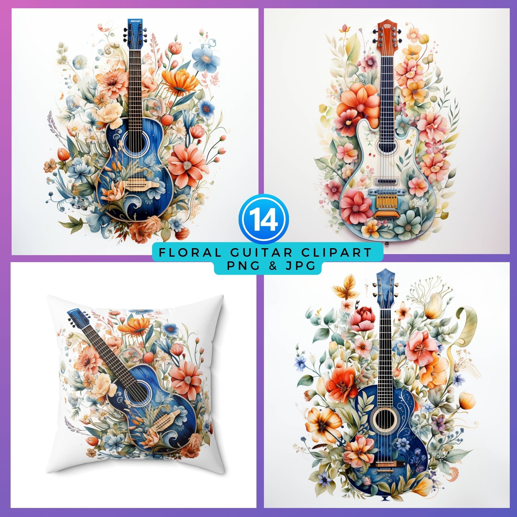 Watercolor Floral Guitar Clipart Bundle Guitar PNG Digital Download ...